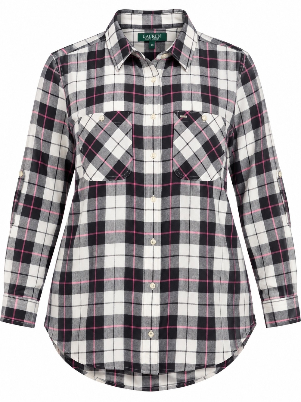 LAUREN RALPH LAUREN | Black White Pink Plaid Cotton Flannel Shirt Plus | 2X